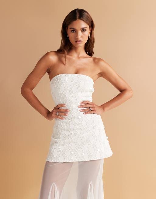 ASOS DESIGN cutwork embellished structured maxi dress with sheer full skirt in white