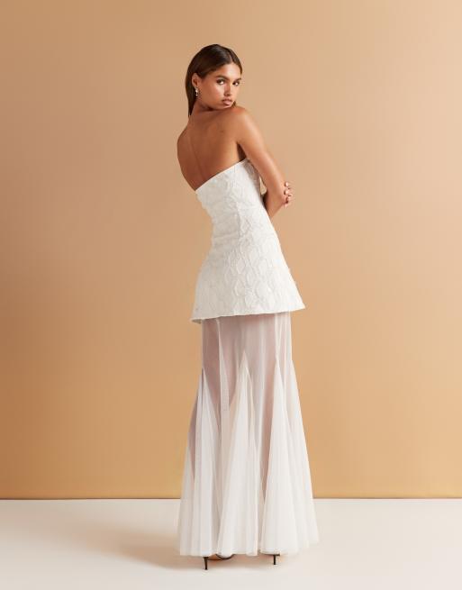 ASOS DESIGN cutwork embellished structured maxi dress with sheer full skirt in white