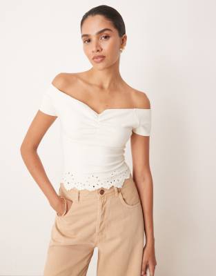 ASOS DESIGN cutwork embroidered hem off shoulder top in white - view 1