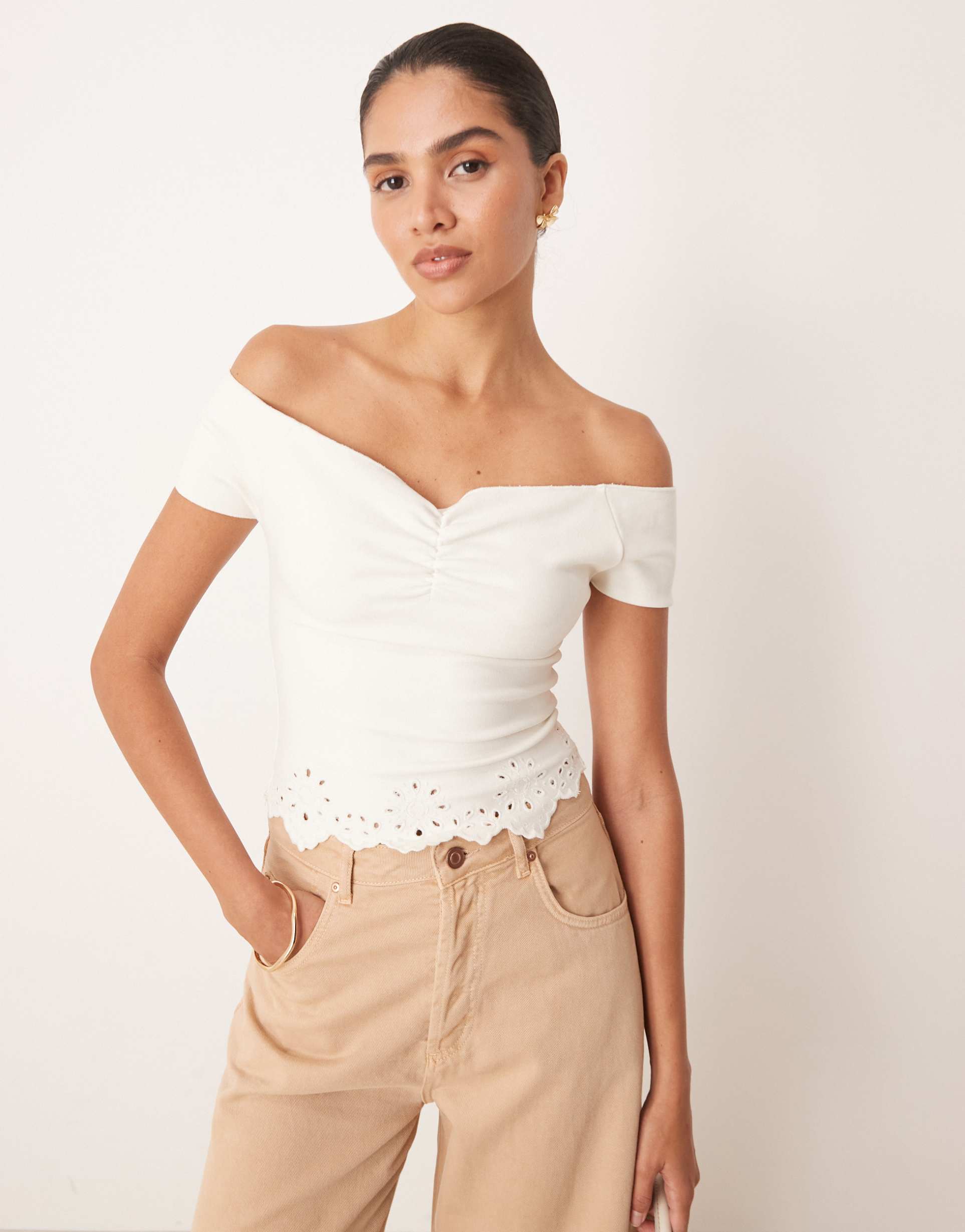 asos design cutwork embroidered hem off the shoulder top in white