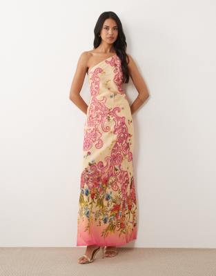 ASOS DESIGN cutwork floral printed one shoulder bias cut maxi dress