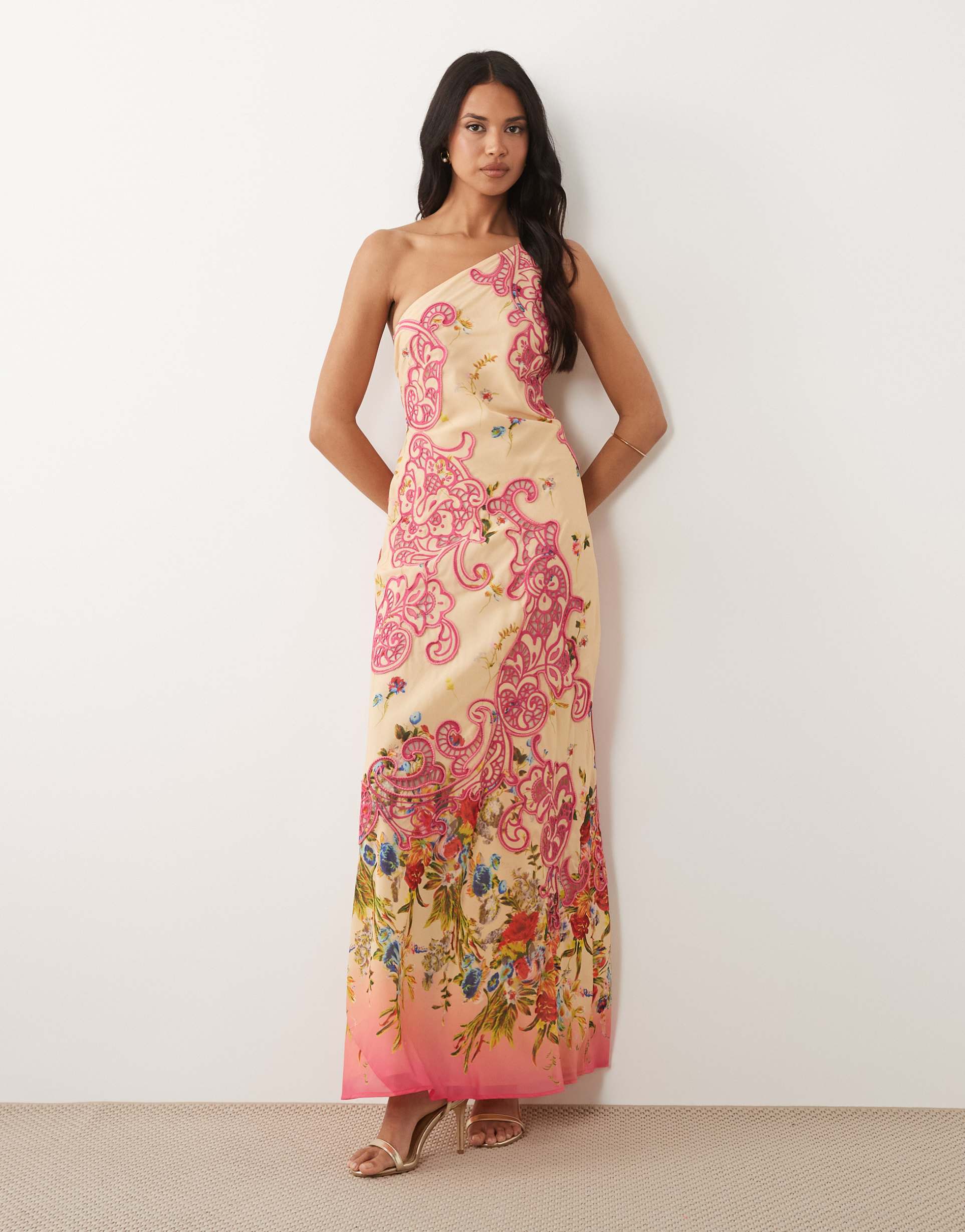 asos design cutwork floral printed one shoulder bias cut maxi dress