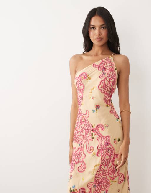 ASOS DESIGN cutwork floral printed one shoulder bias cut maxi dress, 3 of 4