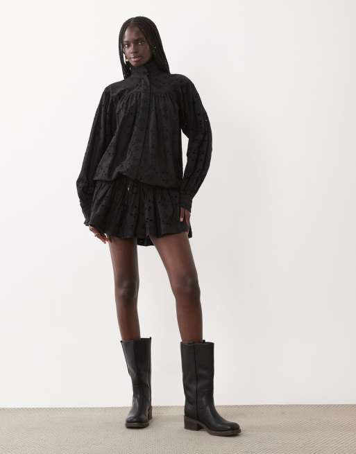 ASOS DESIGN cutwork funnel neck mini dress with blouson dropped waist in black, 2 of 4