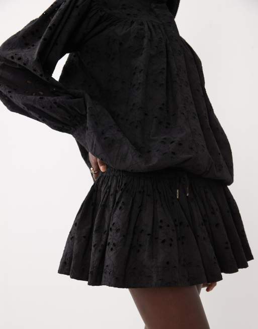 ASOS DESIGN cutwork funnel neck mini dress with blouson dropped waist in black, 3 of 4