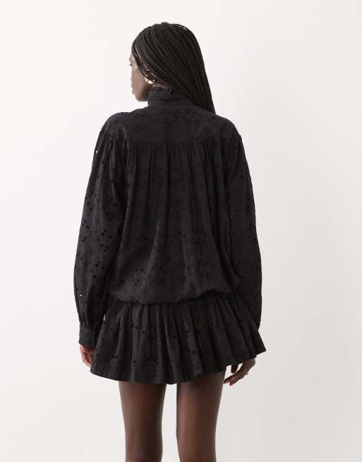 ASOS DESIGN cutwork funnel neck mini dress with blouson dropped waist in black, 4 of 4