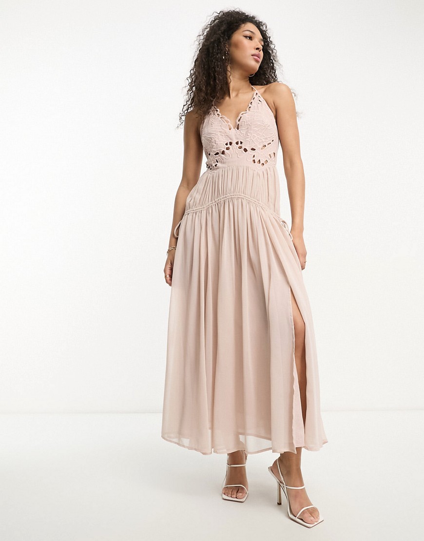 ASOS DESIGN cutwork maxi slip dress with drawstring waist in beige-Neutral