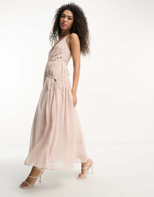 ASOS DESIGN cutwork maxi slip dress with drawstring waist in beige