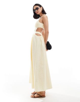 Asos Design Cutwork Maxi Sundress In All Over Broderie With Ruched Bust In Honeydew Yellow In White