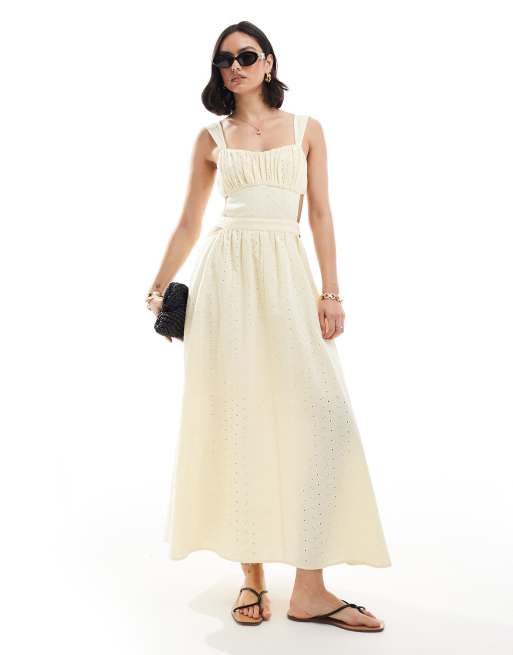 ASOS DESIGN cutwork maxi sundress in all over broderie with ruched bust in honeydew yellow