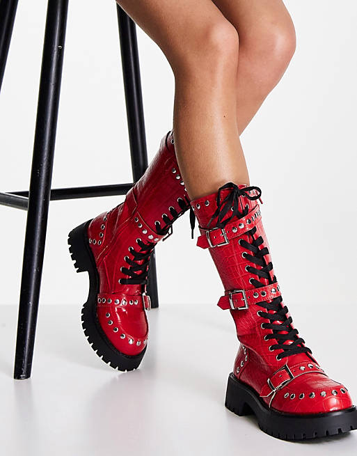 ASOS DESIGN Cyber chunky studded lace up boots in red croc