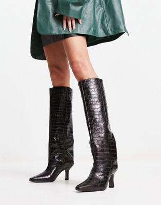 ASOS DESIGN Cydney premium leather pull on knee boots in black croc - ASOS Price Checker