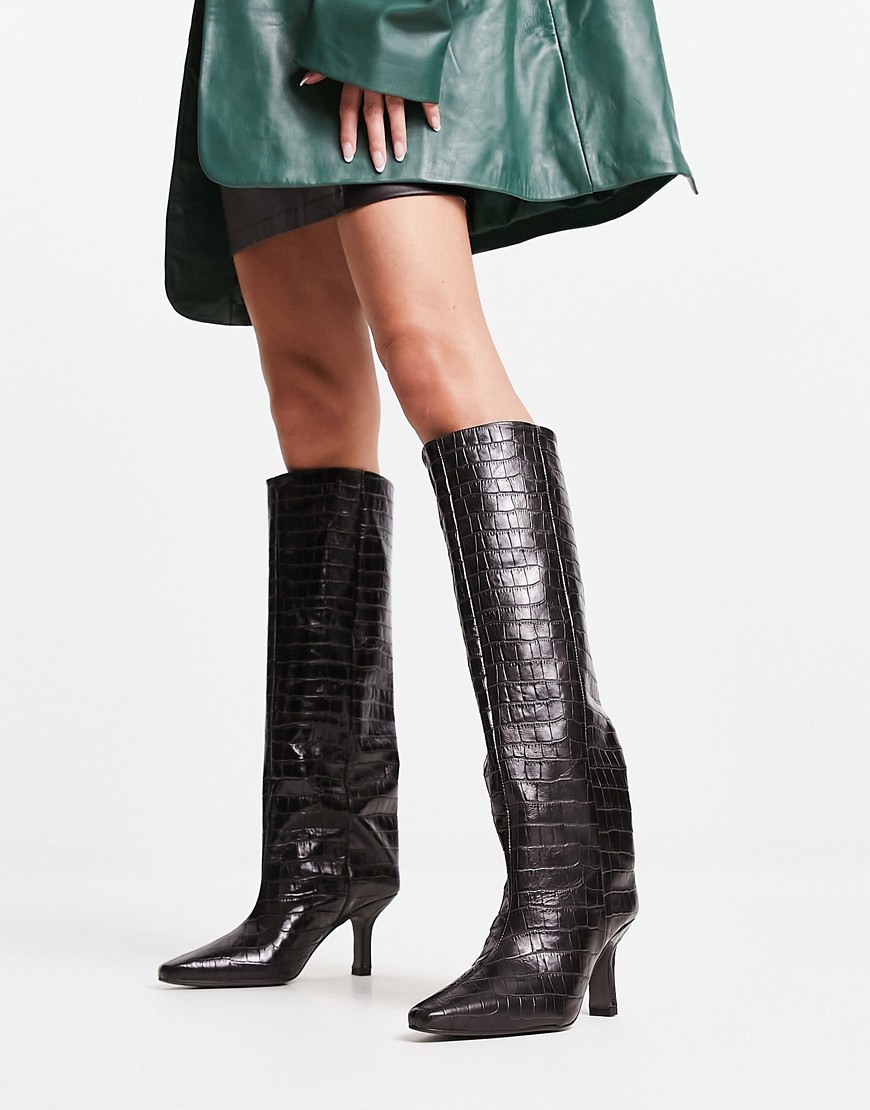 ASOS DESIGN Cydney premium leather pull on knee boots in black croc