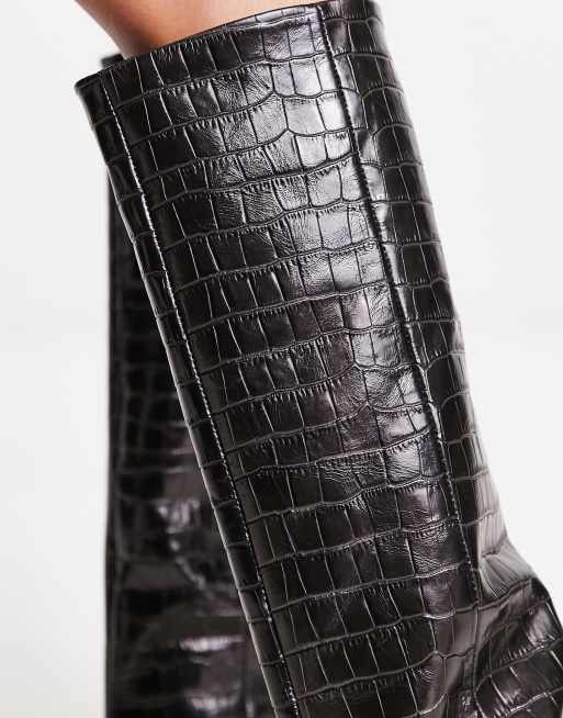 ASOS DESIGN Cydney premium leather pull on knee boots in black croc