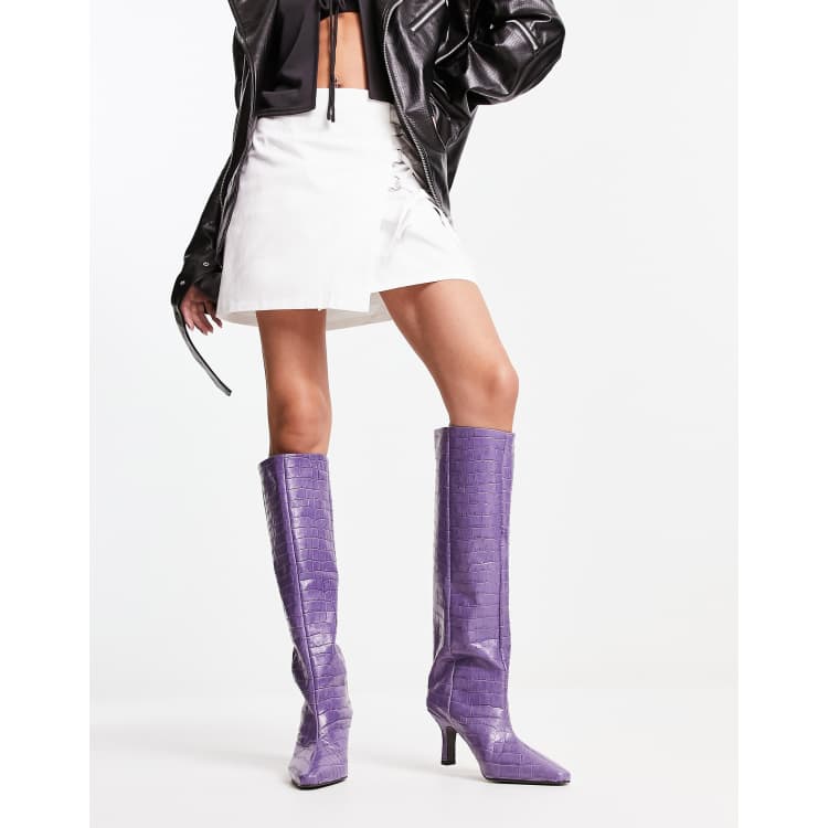 ASOS Design Cali Premium Leather Wedge Knee Boots in Silver