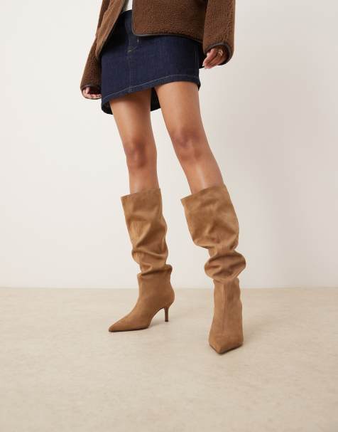 ASOS DESIGN Cydney slouch pull on knee boots in sand suedette - view 1