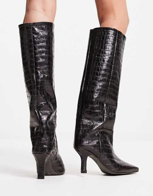 ASOS DESIGN - Cydney - Stivali al ginocchio in pelle nera effetto coccodrillo premium, 2 di 4