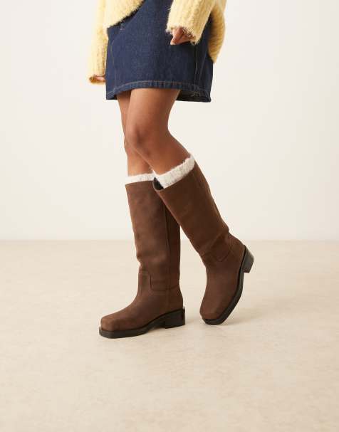 ASOS DESIGN Cynthia leather trucker pull on knee boots in chocolate nubuck - view 1