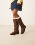 [ASOS DESIGN] ASOS DESIGN Cynthia leather trucker pull-on knee boots in chocolate nubuck-Brown 40 Chocolate