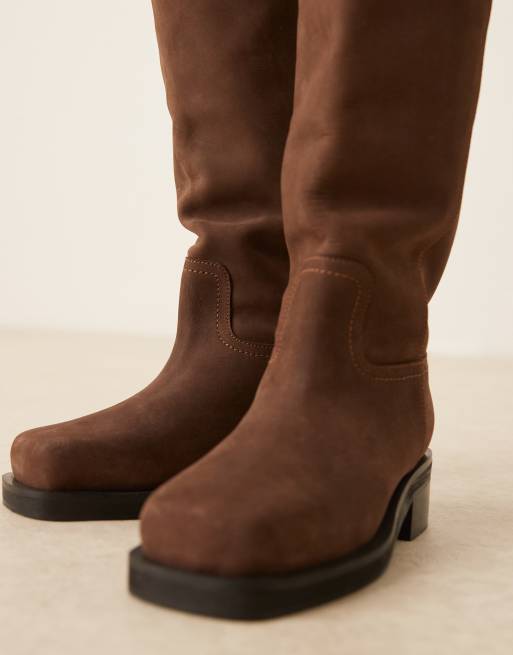 ASOS DESIGN Cynthia leather trucker pull on knee boots in chocolate nubuck