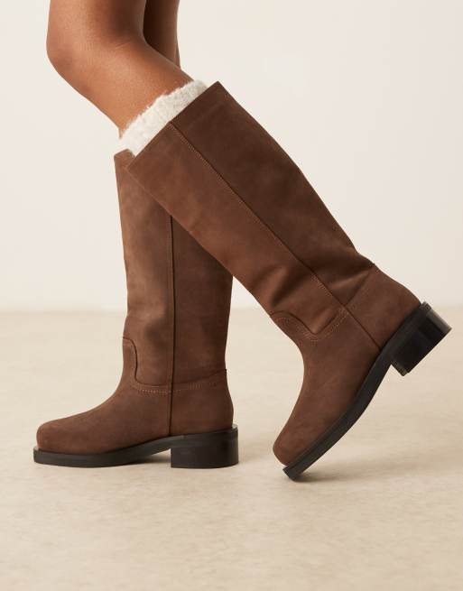 ASOS DESIGN Cynthia leather trucker pull on knee boots in chocolate nubuck