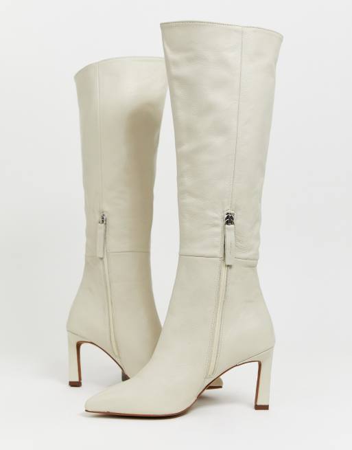 ASOS DESIGN Cyprus leather pull on knee high boots in off white