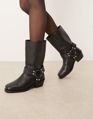 ASOS DESIGN - Cyrus - Kniehohe Lederstiefel in Schwarz mit Riemen-Detail