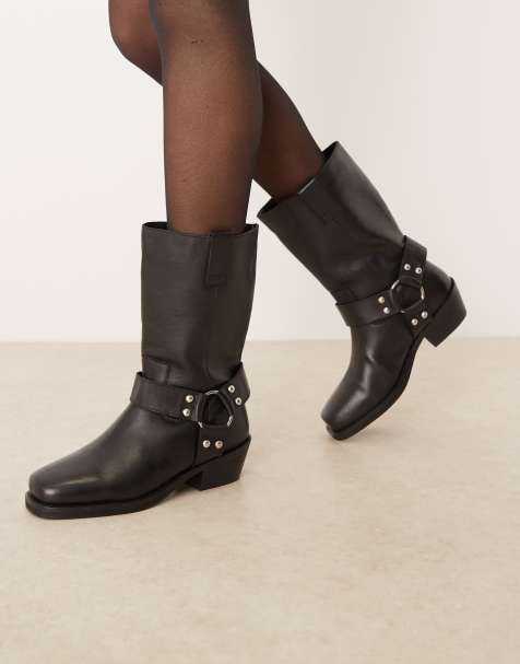 ASOS DESIGN – Cyrus – Kniehohe Lederstiefel in Schwarz mit Riemen-Detail - view 1