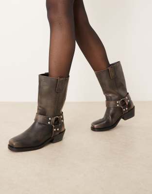  Cyrus leather harness knee boot in aged grey