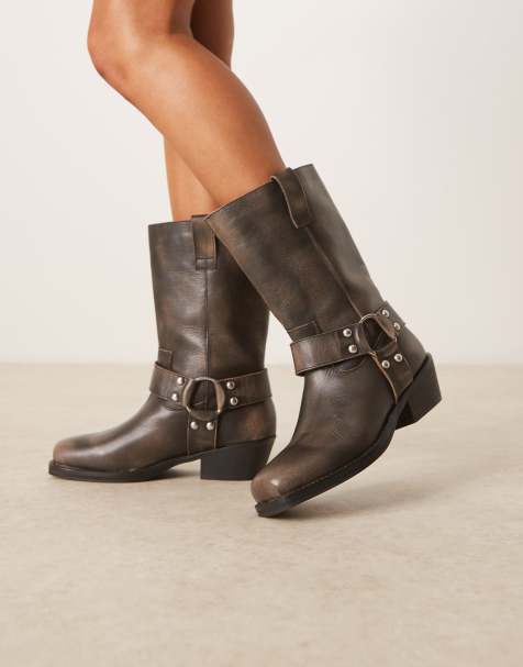 ASOS DESIGN Cyrus leather harness knee boot in aged grey - view 1