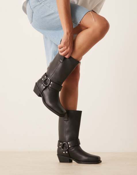 ASOS DESIGN Cyrus leather harness knee boot in black - view 1