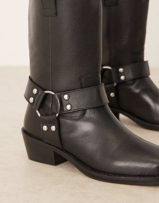 ASOS DESIGN Cyrus leather harness knee boot in black