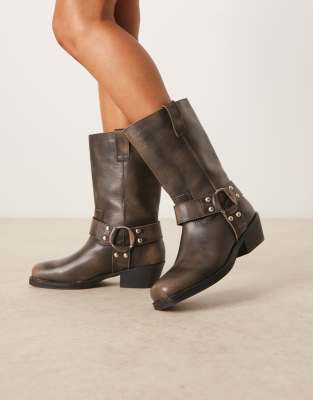 ASOS DESIGN Cyrus leather harness knee boots in aged gray - view 1