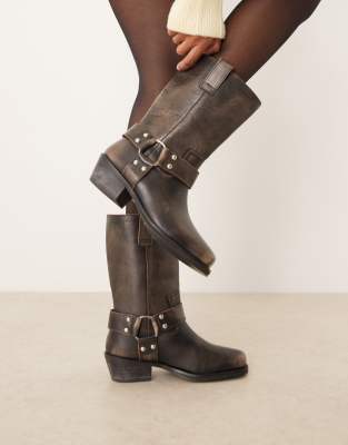 ASOS DESIGN Cyrus leather harness knee boots in aged gray | ASOS