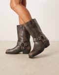 [ASOS DESIGN] ASOS DESIGN Cyrus leather harness knee boots in aged grey 36 AGED GREY LEATHER