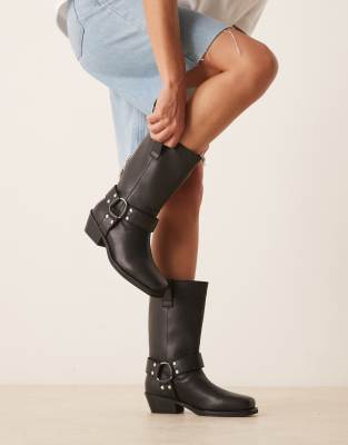 Cyrus leather harness knee boots in black