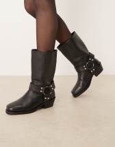 ASOS DESIGN Cyrus leather harness knee boots in aged grey