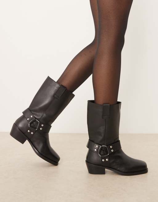 ASOS DESIGN Cyrus leather harness knee boot in black