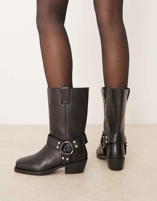 ASOS DESIGN Cyrus leather harness knee boot in black