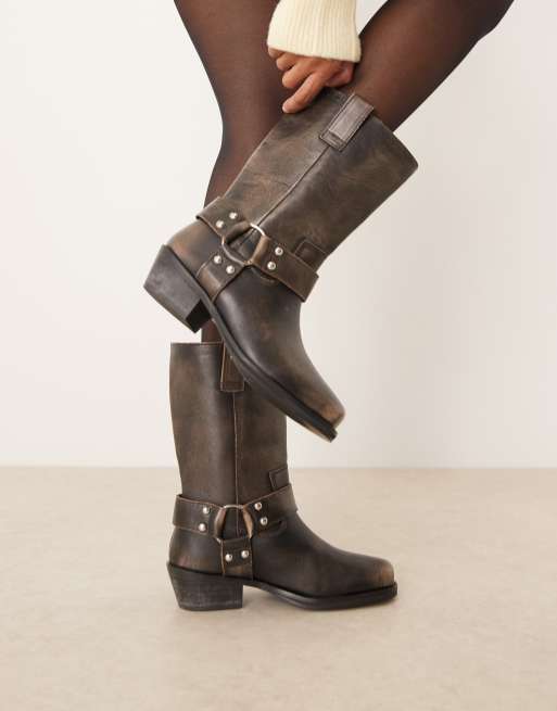 ASOS DESIGN - Cyrus - Stivali al ginocchio in pelle grigia anticata con imbracatura, 2 di 4