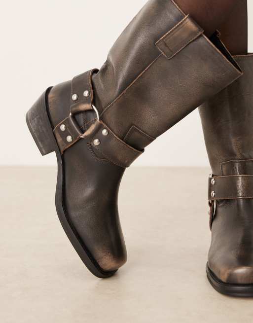 ASOS DESIGN - Cyrus - Stivali al ginocchio in pelle grigia anticata con imbracatura, 3 di 4