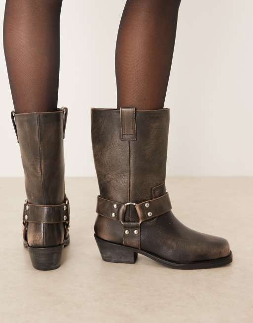 ASOS DESIGN - Cyrus - Stivali al ginocchio in pelle grigia anticata con imbracatura, 4 di 4