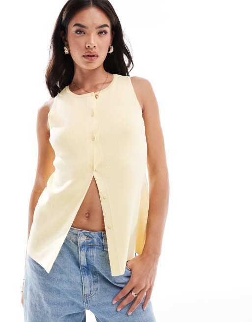 ASOS DESIGN – Cytrynowa dzianinowa kamizelka z okrągłym dekoltem i rozcięciem z przodu