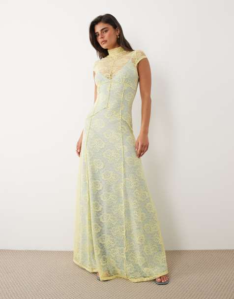 ASOS DESIGN – Cytrynowa koronkowa sukienka maxi z kontrastową podszewką - view 1
