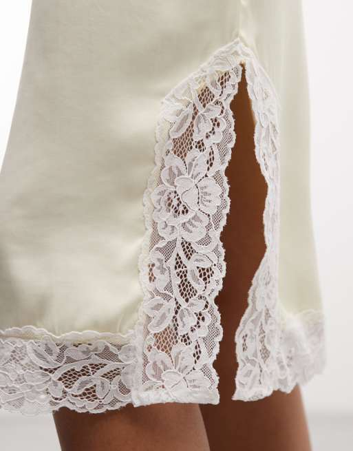 ASOS DESIGN – Cytrynowa satynowa spódnica midi z koronkowym dołem, 3 z 5