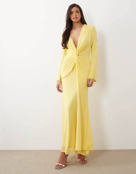 ASOS DESIGN – Cytrynowa siateczkowa sukienka maxi z długimi rękawami, głębokim dekoltem i ozdobnym węzłem - view 1