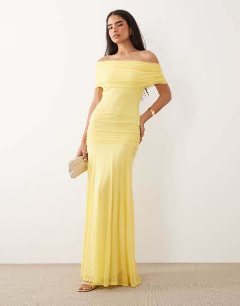 ASOS DESIGN – Cytrynowa siateczkowa sukienka maxi z odsłoniętymi ramionami, obniżoną dopasowaną talią i godetami - view 1