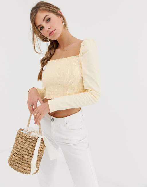 ASOS DESIGN – Cytrynowo-żółty marszczony krótki Top z denimu