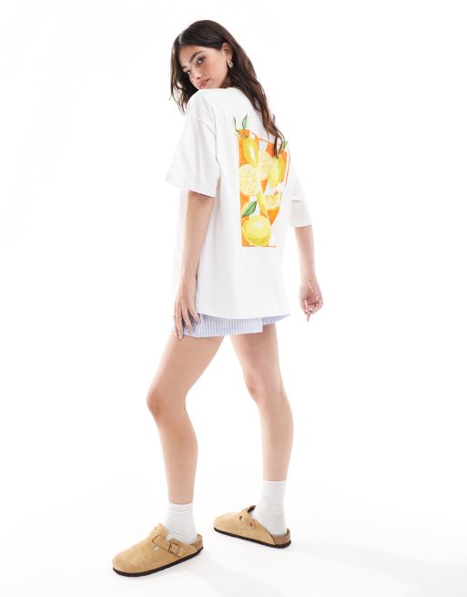 ASOS DESIGN – Cytrynowy T-shirt oversize z malowaną grafiką z owocami cytrusowymi