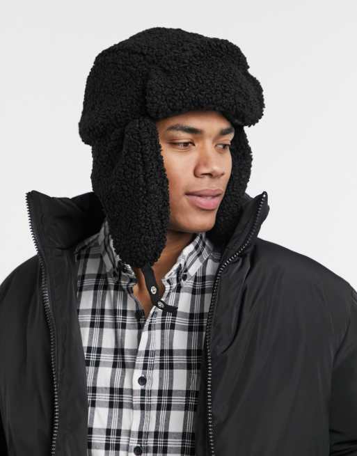 ASOS DESIGN – Czapka traperska z czarnego sztucznego kożuszka